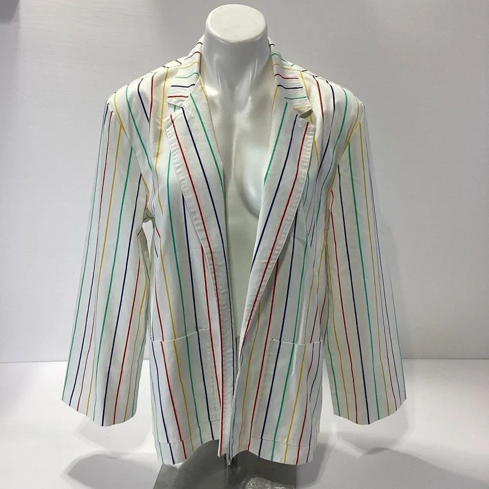 Vintage The Fox Collection White Rainbow Stripe Blazer Jacket Size M Preppy 80s